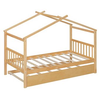 Whisen Twin Size Wooden House Bed with Twin Size Trundle and 2 Headboards