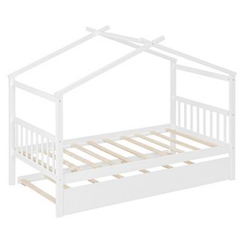 Whisen Twin Size Wooden House Bed with Twin Size Trundle and 2 Headboards