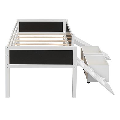 Whisen Twin Size Loft Bed, Wood Bed with Two Storage Boxes, A Climbing Frame and A Slide