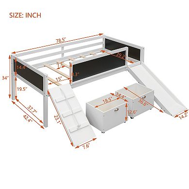 Whisen Twin Size Loft Bed, Wood Bed with Two Storage Boxes, A Climbing Frame and A Slide