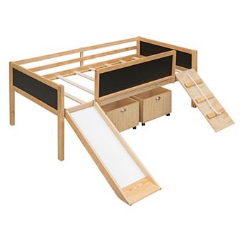 Whisen Twin Size Loft Bed, Wood Bed with Two Storage Boxes, A Climbing Frame and A Slide