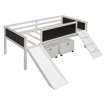 Whisen Twin Size Loft Bed, Wood Bed with Two Storage Boxes, A Climbing Frame and A Slide