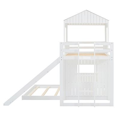 Whisen Twin Over Full Bunk Bed, Loft Bed with Playhouse, Farmhouse, Ladder, Slide and Guardrails