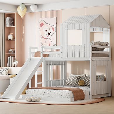 Whisen Twin Over Full Bunk Bed, Loft Bed with Playhouse, Farmhouse, Ladder, Slide and Guardrails