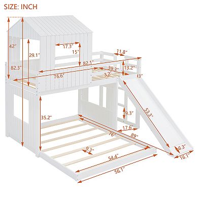 Whisen Twin Over Full Bunk Bed, Loft Bed with Playhouse, Farmhouse, Ladder, Slide and Guardrails