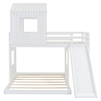 Whisen Twin Over Full Bunk Bed, Loft Bed with Playhouse, Farmhouse, Ladder, Slide and Guardrails