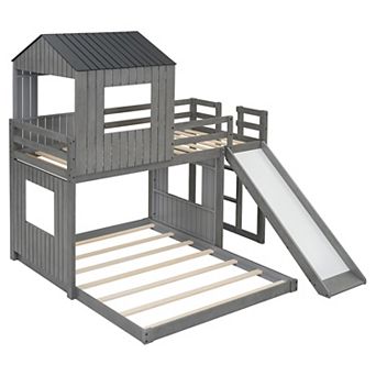 Whisen Twin Over Full Bunk Bed, Loft Bed with Playhouse, Farmhouse, Ladder, Slide and Guardrails