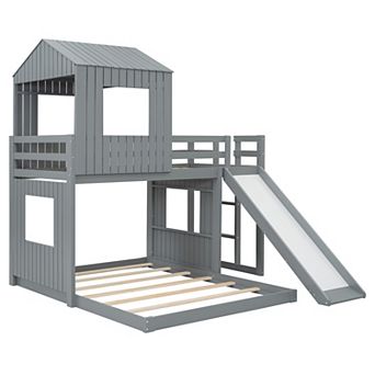Whisen Twin Over Full Bunk Bed, Loft Bed with Playhouse, Farmhouse, Ladder, Slide and Guardrails