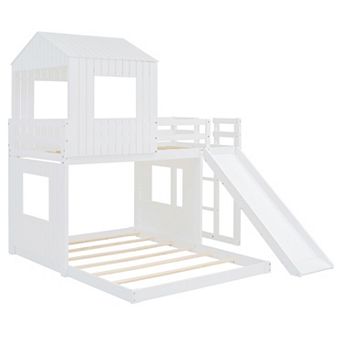 Whisen Twin Over Full Bunk Bed, Loft Bed with Playhouse, Farmhouse, Ladder, Slide and Guardrails