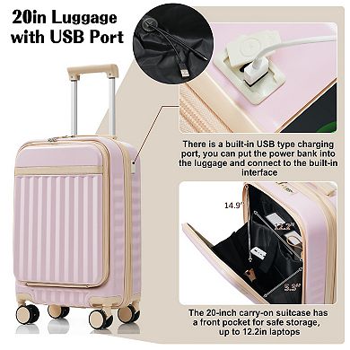 Luggage Set of 3, 20inch with USB Port and Front Opening Design