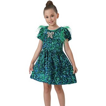 Girls Emerald Green Velvet Sequin Feather Puff Sleeve Holiday Party Dress