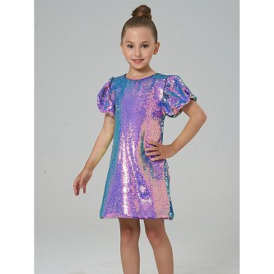 Girls' Mystic Mermaid Sequin Puff Sleeve Party Dress