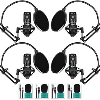 Movo 4-Pack Universal Cardioid Podcasting Microphone Bundle with Tabletop Mic Stand and Pop Filter