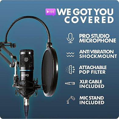 Movo 4-Pack Universal Cardioid Podcasting Microphone Bundle with Tabletop Mic Stand and Pop Filter
