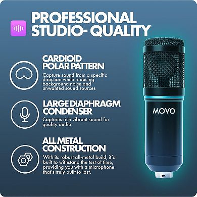 Movo 4-Pack Universal Cardioid Podcasting Microphone Bundle with Tabletop Mic Stand and Pop Filter