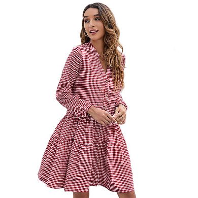 Women's Casual Plaid Dress Long Sleeve V Neck Button Down Ruffle Swing Pleated Short Mini Dress