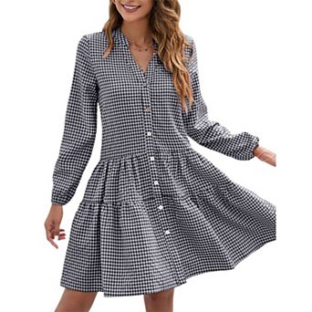 Women's Casual Plaid Dress Long Sleeve V Neck Button Down Ruffle Swing Pleated Short Mini Dress