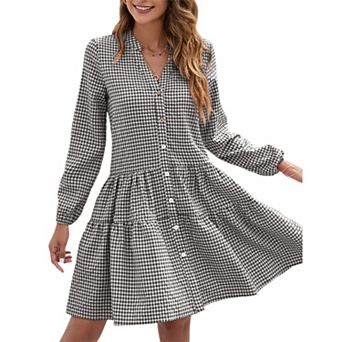 Women's Casual Plaid Dress Long Sleeve V Neck Button Down Ruffle Swing Pleated Short Mini Dress