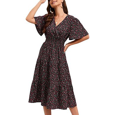 Women's Wrap V Neck Midi Dress Short Sleeve Smocked Waist Tiered A Line Pleated Flowy Long Dress
