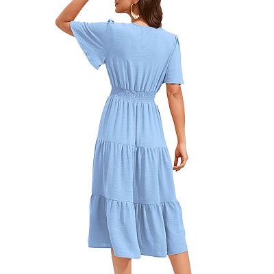 Women's Wrap V Neck Midi Dress Short Sleeve Smocked Waist Tiered A Line  Pleated Flowy Long Dress