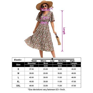Women's Wrap V Neck Midi Dress Short Sleeve Smocked Waist Tiered A Line Pleated Flowy Long Dress