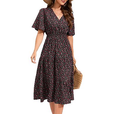 Women's Wrap V Neck Midi Dress Short Sleeve Smocked Waist Tiered A Line Pleated Flowy Long Dress