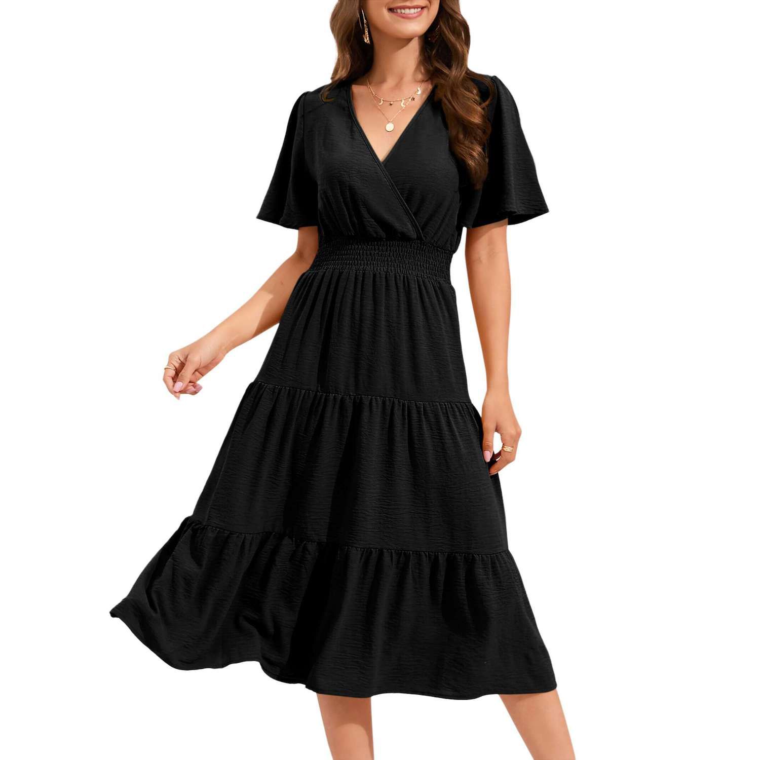 Женские платья Wrap V Neck Midi Dress Short Sleeve Smocked Waist Tiered A Line Pleated Flowy Long Dress