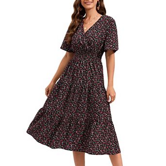 Women's Wrap V Neck Midi Dress Short Sleeve Smocked Waist Tiered A Line Pleated Flowy Long Dress