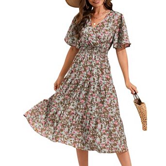 Women's Wrap V Neck Midi Dress Short Sleeve Smocked Waist Tiered A Line Pleated Flowy Long Dress