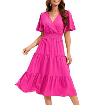 Women's Wrap V Neck Midi Dress Short Sleeve Smocked Waist Tiered A Line Pleated Flowy Long Dress