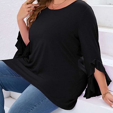 Womens Plus Size Tops 3/4 Ruffle Sleeve Shirts Loose V-Neck Dressy Casual Tunic Blouses