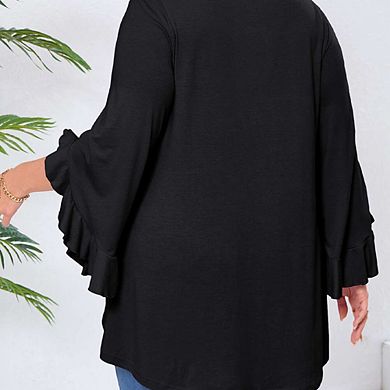 Womens Plus Size Tops 3/4 Ruffle Sleeve Shirts Loose V-Neck Dressy Casual Tunic Blouses