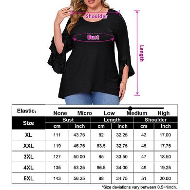Womens Plus Size Tops 3/4 Ruffle Sleeve Shirts Loose V-Neck Dressy Casual Tunic Blouses