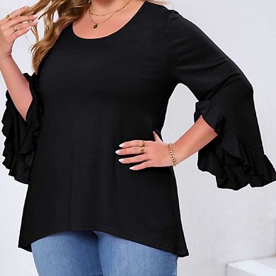 Womens Plus Size Tops 3/4 Ruffle Sleeve Shirts Loose V-Neck Dressy Casual Tunic Blouses