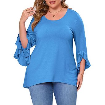 Womens Plus Size Tops 3/4 Ruffle Sleeve Shirts Loose V-Neck Dressy Casual Tunic Blouses