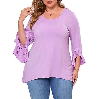 Womens Plus Size Tops 3/4 Ruffle Sleeve Shirts Loose V-Neck Dressy Casual Tunic Blouses