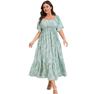 Women's Plus Size Maxi Dress Square Neck Short Sleeve Smocked Casual Summer Wedding Party Dresses