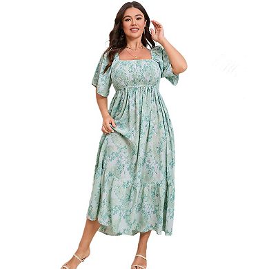 Women's Plus Size Maxi Dress Square Neck Short Sleeve Smocked Casual Summer Wedding Party Dresses