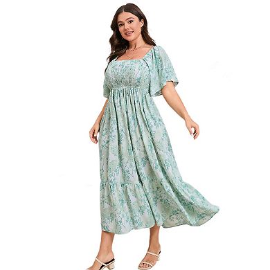 Women's Plus Size Maxi Dress Square Neck Short Sleeve Smocked Casual Summer Wedding Party Dresses