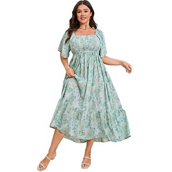 Women's Plus Size Maxi Dress Square Neck Short Sleeve Smocked Casual Summer Wedding Party Dresses