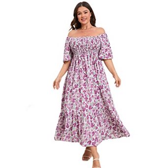 Women's Plus Size Maxi Dress Square Neck Short Sleeve Smocked Casual Summer Wedding Party Dresses