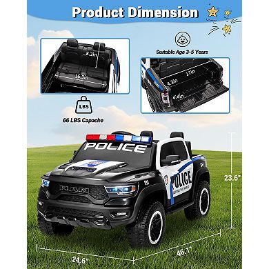 Officially Licensed 12V RAM Kids Ride-On Pickup Truck with Parental Remote Control, 3-Speed Settings