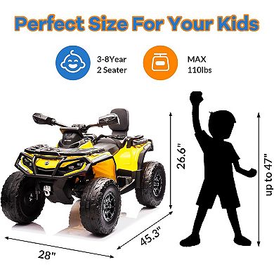 12V Kids Ride-On Electric ATV, 2 Leather Seater, 27V Battery, Adjustable Speeds 2-4 MPH for Kids 3-8