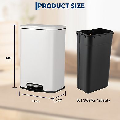 8 Gallon Stainless Steel Step-on Trash Can with Soft-Close Lid & Removable Inner Bucket, White