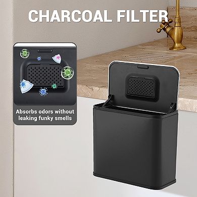 1.3 Gallon Stainless Steel Trash Can with Manual Lift Lid, Inner Bucket and Charcoal Filter, Black