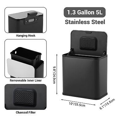 1.3 Gallon Stainless Steel Trash Can with Manual Lift Lid, Inner Bucket and Charcoal Filter, Black