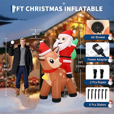 7FT Christmas Decorations Outdoor - Inflatable Santa Claus with Reindeer & 5 LED Lights
