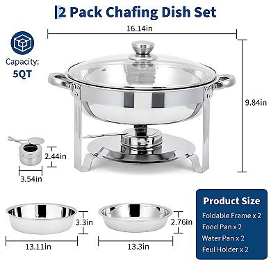 Chafing Dishes for Buffet, Stainless Steel 5QT Round Buffet Servers and Warmers Set of 2, Glass Lid