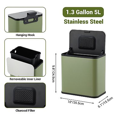 1.3 Gallon Stainless Steel Trash Can with Manual Lift Lid, Inner Bucket and Charcoal Filter, Green