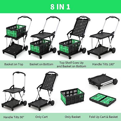 2-Tier Collapsible Utility Carts with Wheels & Removable Storage Crate, Green